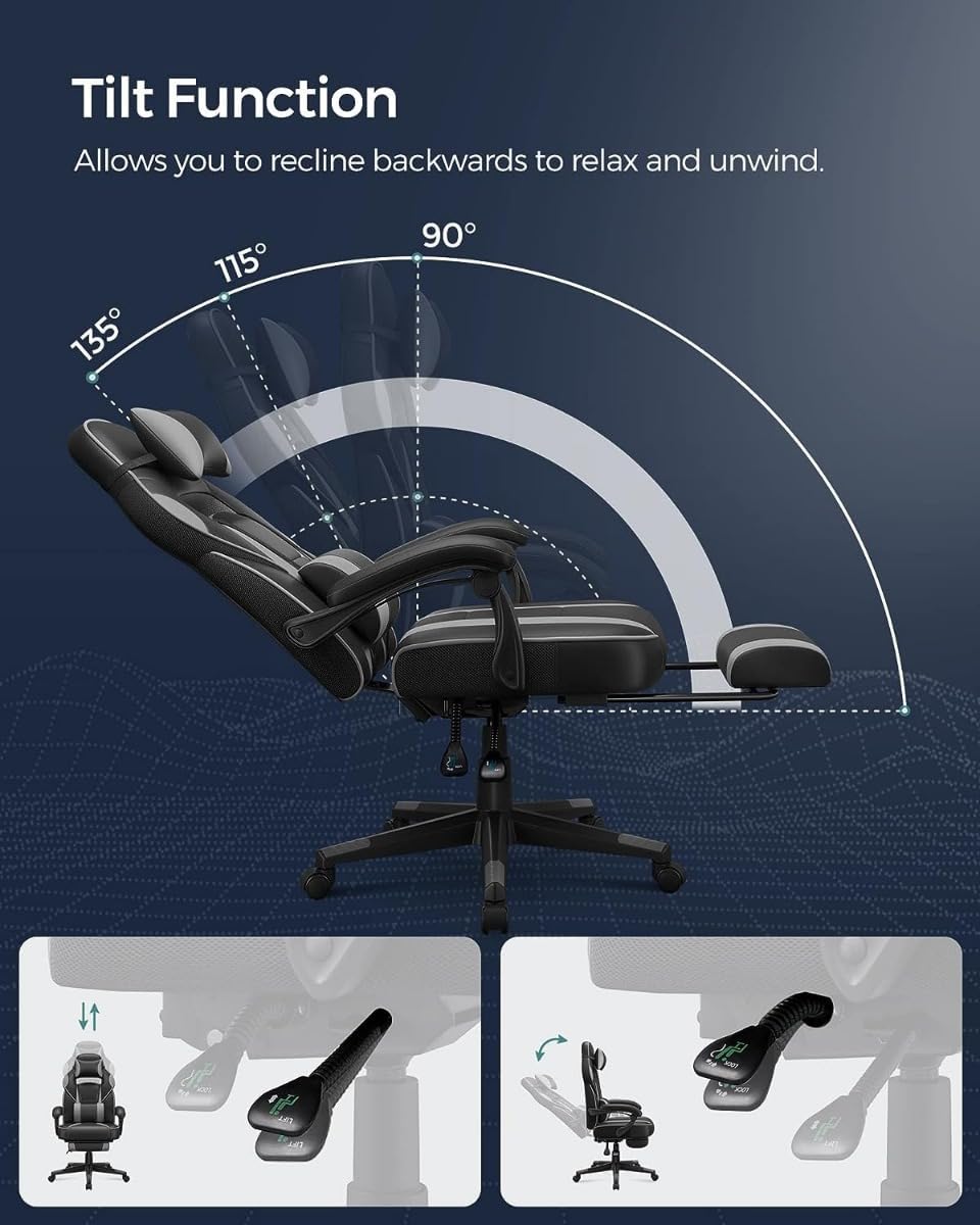 SONGMICS Scaun gaming ergonomic, cu spatar inalt, suport pentru picioare, maxim 150 kg , 50x70x126 cm, negru si gri