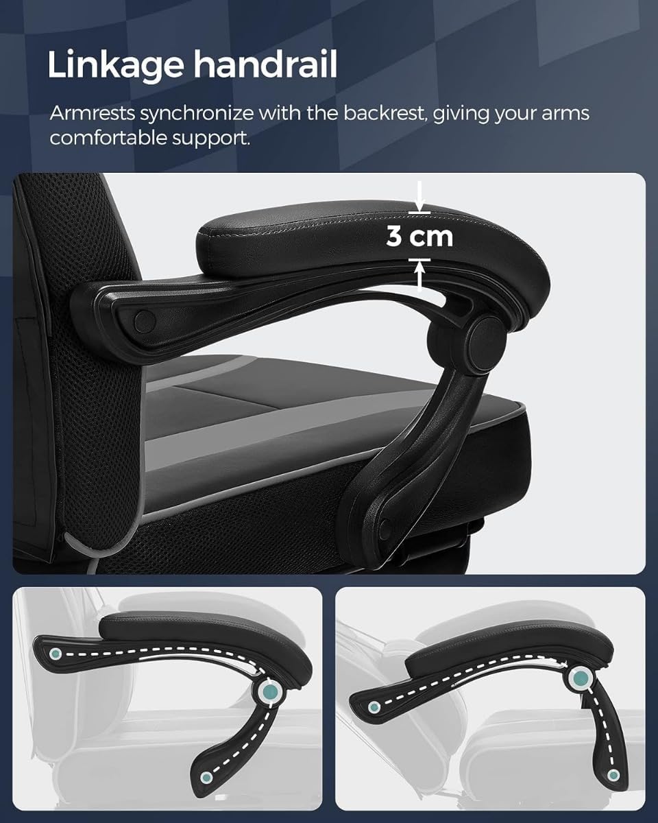 SONGMICS Scaun gaming ergonomic, cu spatar inalt, suport pentru picioare, maxim 150 kg , 50x70x126 cm, negru si gri
