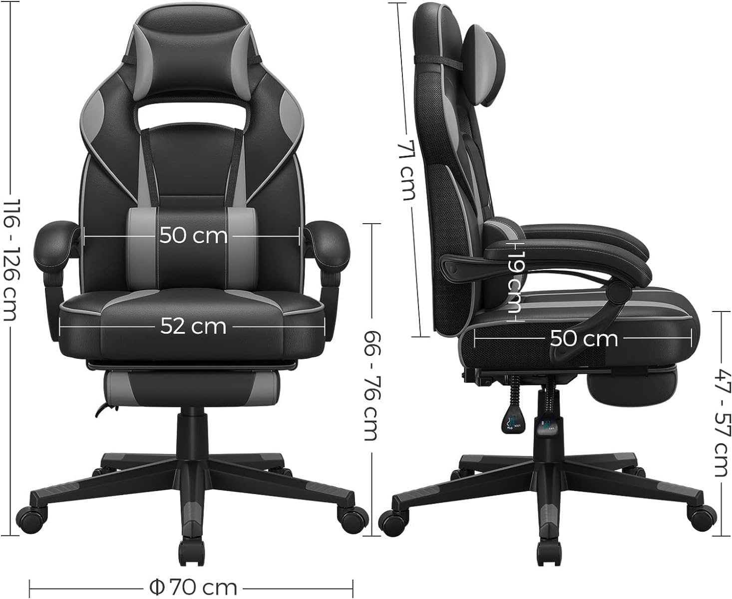 SONGMICS Scaun gaming ergonomic, cu spatar inalt, suport pentru picioare, maxim 150 kg , 50x70x126 cm, negru si gri