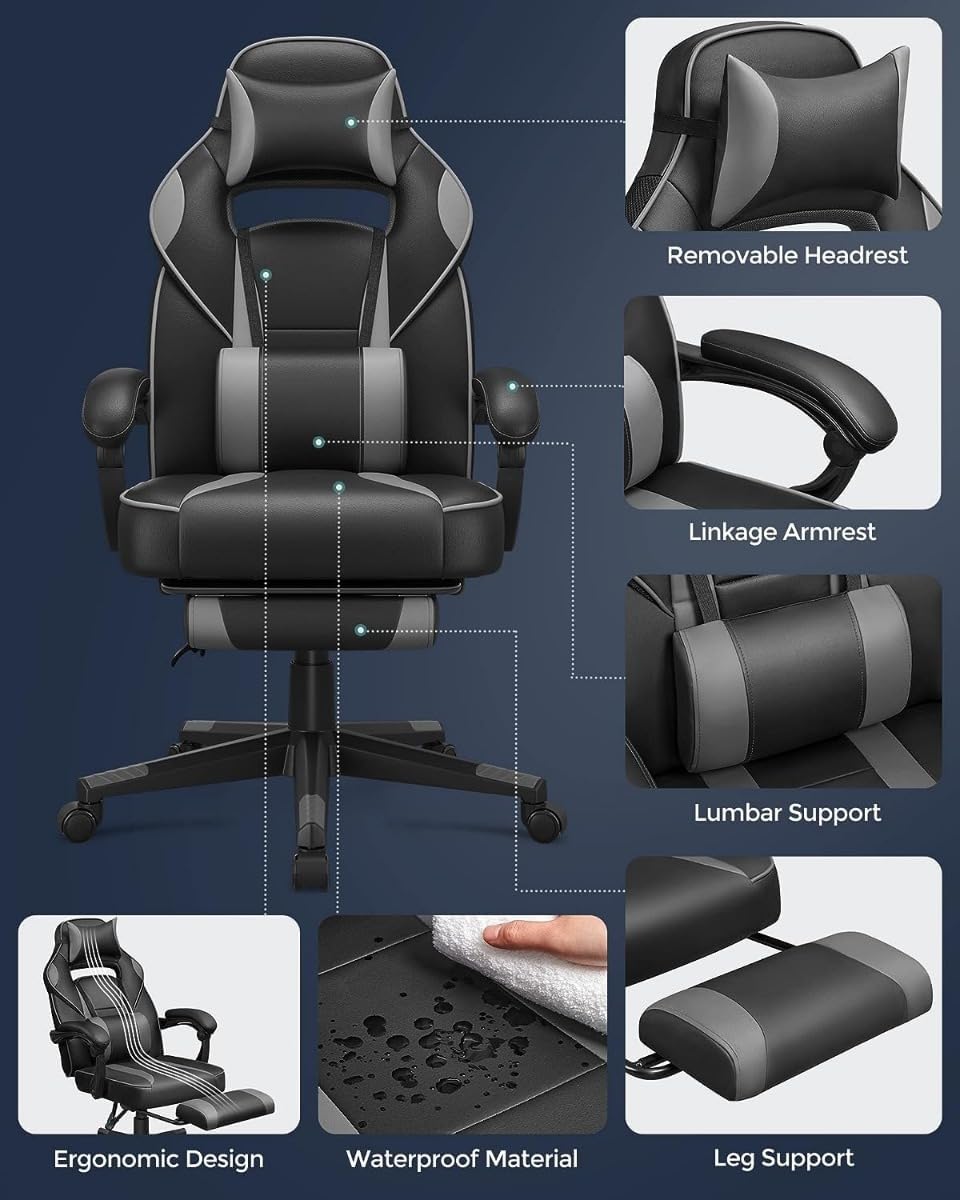 SONGMICS Scaun gaming ergonomic, cu spatar inalt, suport pentru picioare, maxim 150 kg , 50x70x126 cm, negru si gri