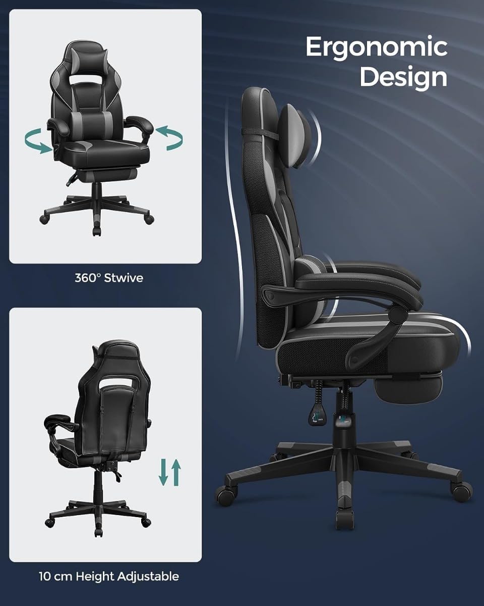 SONGMICS Scaun gaming ergonomic, cu spatar inalt, suport pentru picioare, maxim 150 kg , 50x70x126 cm, negru si gri