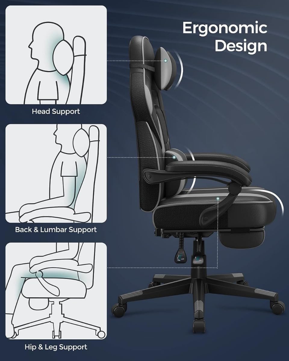 SONGMICS Scaun gaming ergonomic, cu spatar inalt, suport pentru picioare, maxim 150 kg , 50x70x126 cm, negru si gri