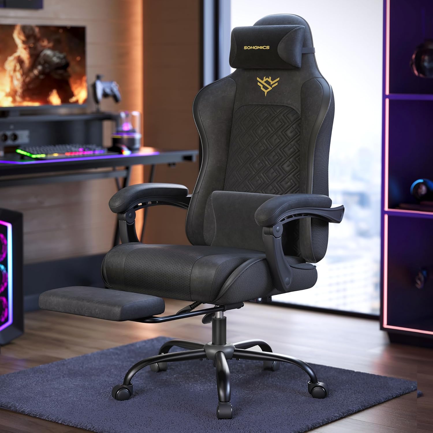 SONGMICS Scaun gaming ergonomic cu suport picioare, spatar reglabil 90-135°, perne lombare si tetiera, 70x70x133 cm, negru