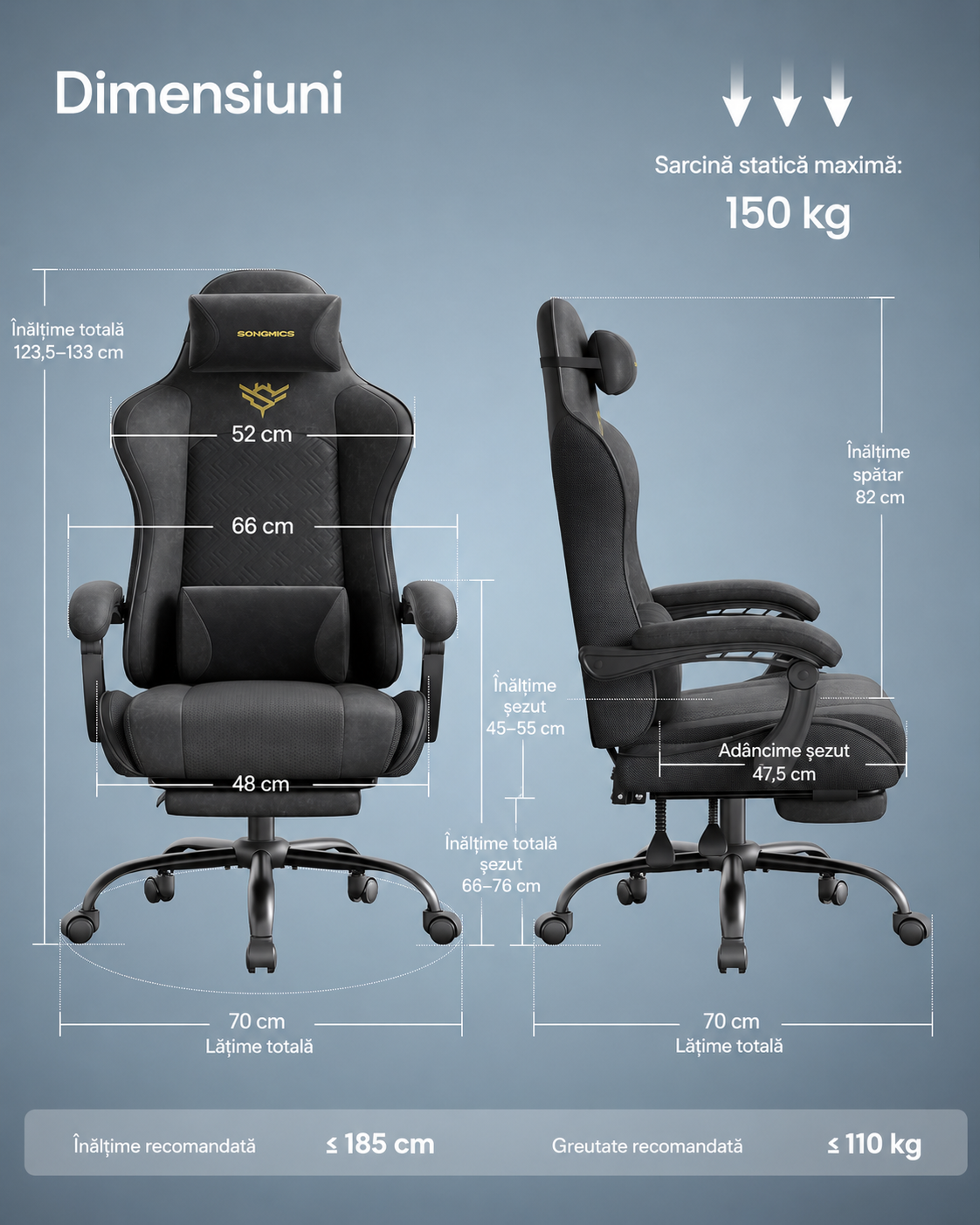 SONGMICS Scaun gaming ergonomic cu suport picioare, spatar reglabil 90-135°, perne lombare si tetiera, 70x70x133 cm, negru