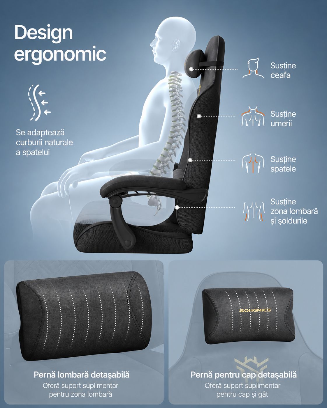 SONGMICS Scaun gaming ergonomic cu suport picioare, spatar reglabil 90-135°, perne lombare si tetiera, 70x70x133 cm, negru