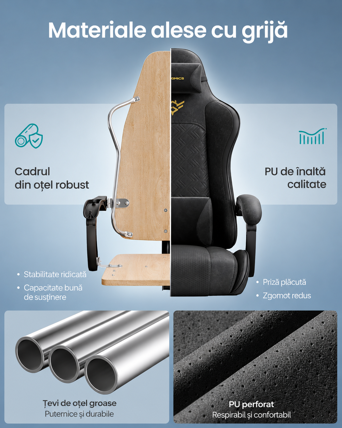SONGMICS Scaun gaming ergonomic cu suport picioare, spatar reglabil 90-135°, perne lombare si tetiera, 70x70x133 cm, negru