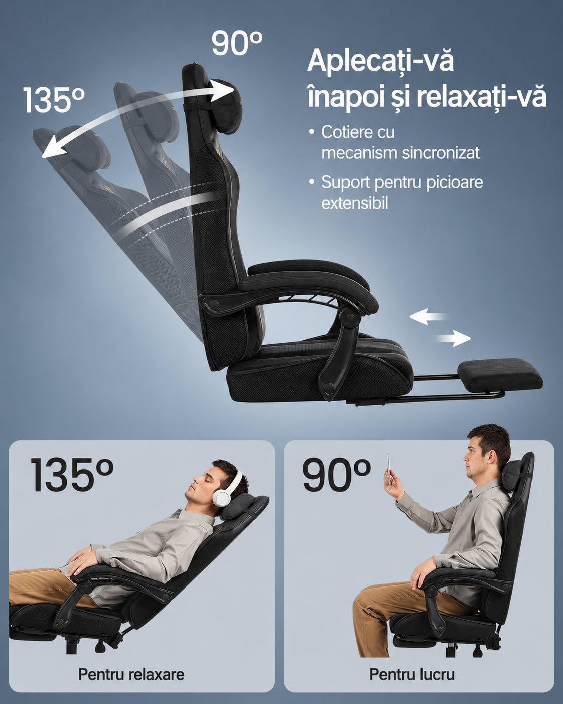 SONGMICS Scaun gaming ergonomic cu suport picioare, spatar reglabil 90-135°, perne lombare si tetiera, 70x70x133 cm, negru