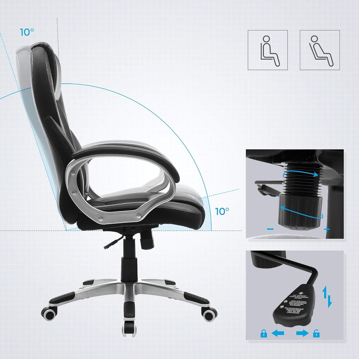 SONGMICS Scaun de birou ergonomic, reglabil pe inaltime, functie balans, tapitat piele sintetica, 54x50x122 cm, nergu