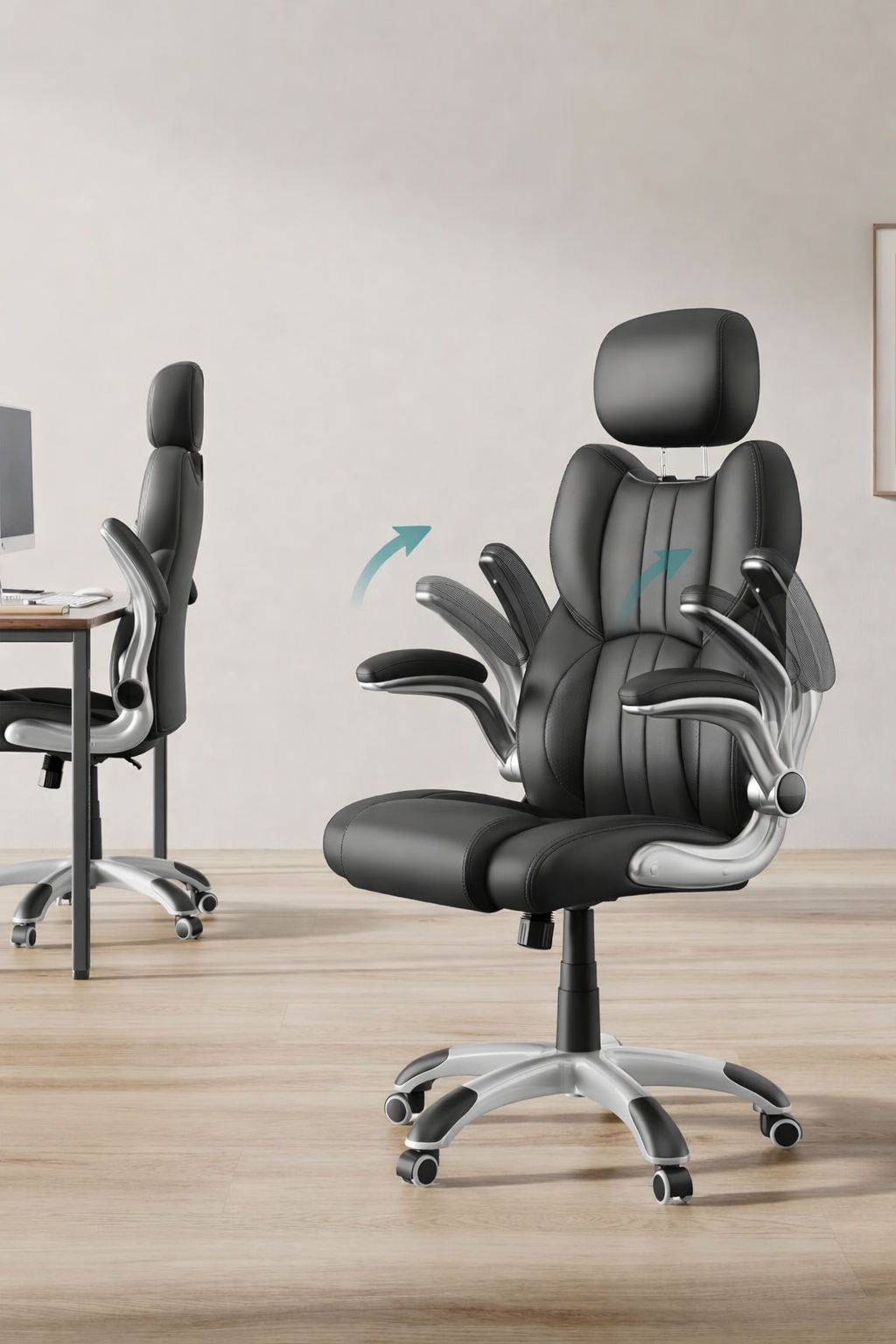 SONGMICS Scaun de birou ergonomic cu brate rabatabile, reglabil pe inaltime, suport cap ajustabil, 70x70x137 cm, negru