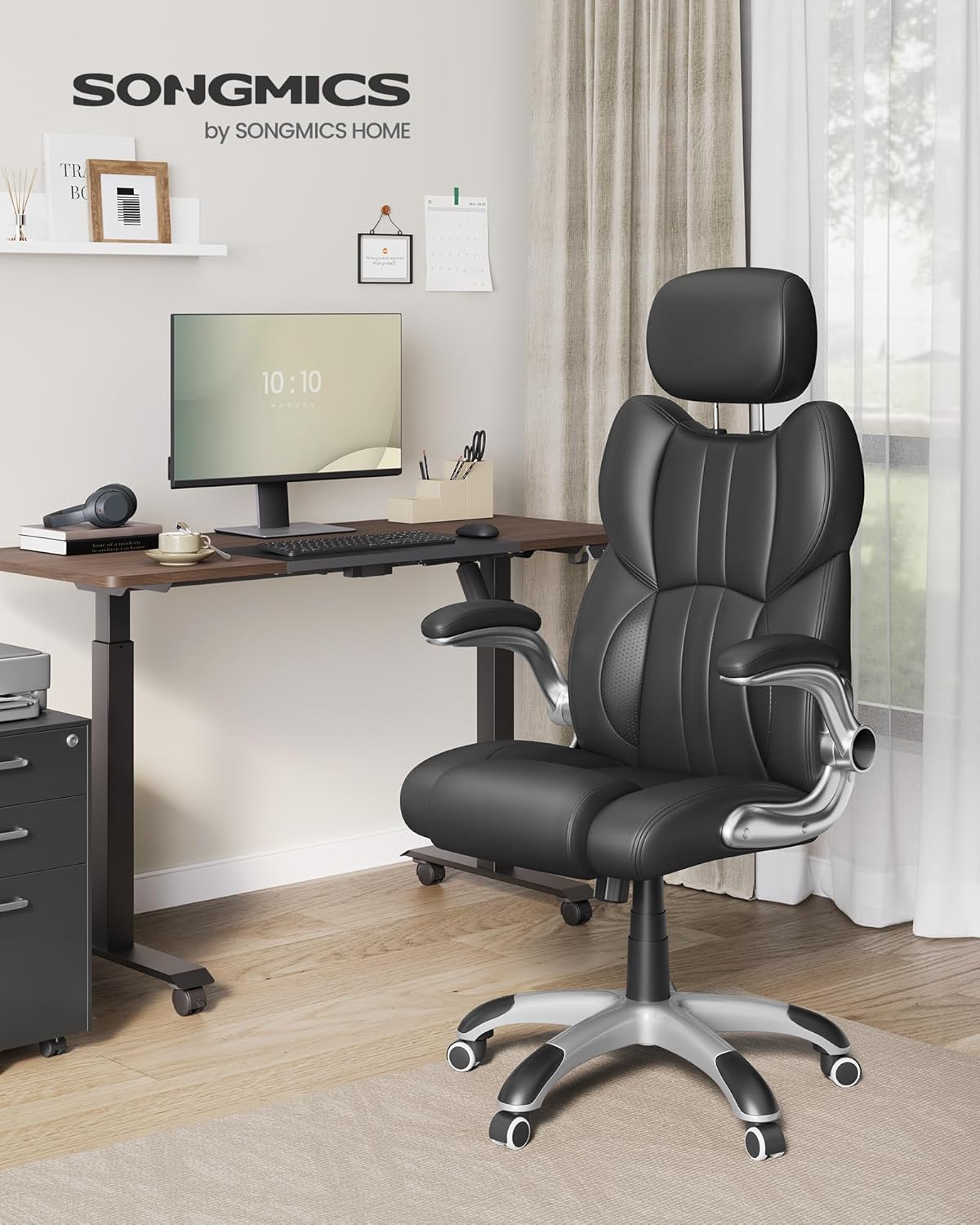 SONGMICS Scaun de birou ergonomic cu brate rabatabile, reglabil pe inaltime, suport cap ajustabil, 70x70x137 cm, negru