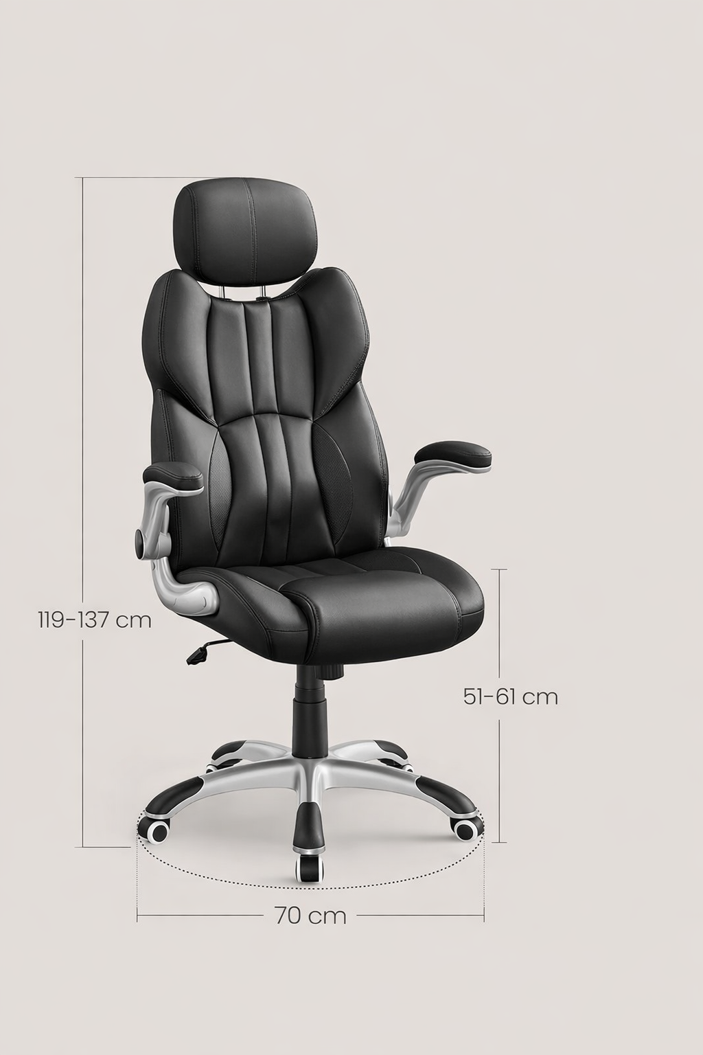 SONGMICS Scaun de birou ergonomic cu brate rabatabile, reglabil pe inaltime, suport cap ajustabil, 70x70x137 cm, negru