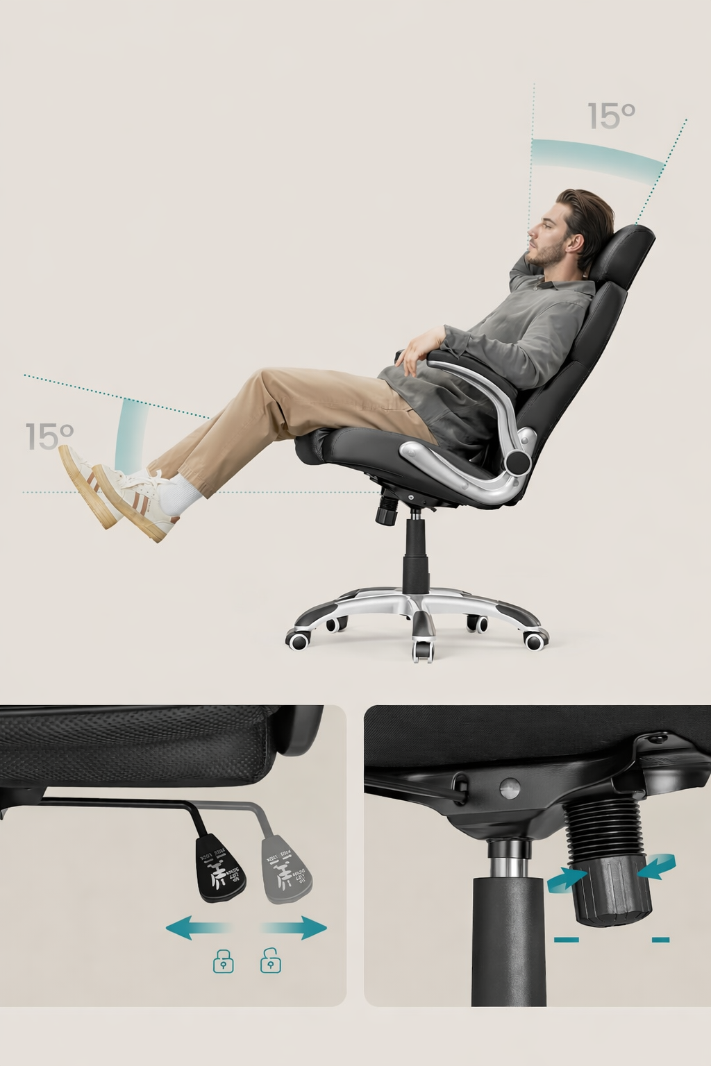 SONGMICS Scaun de birou ergonomic cu brate rabatabile, reglabil pe inaltime, suport cap ajustabil, 70x70x137 cm, negru
