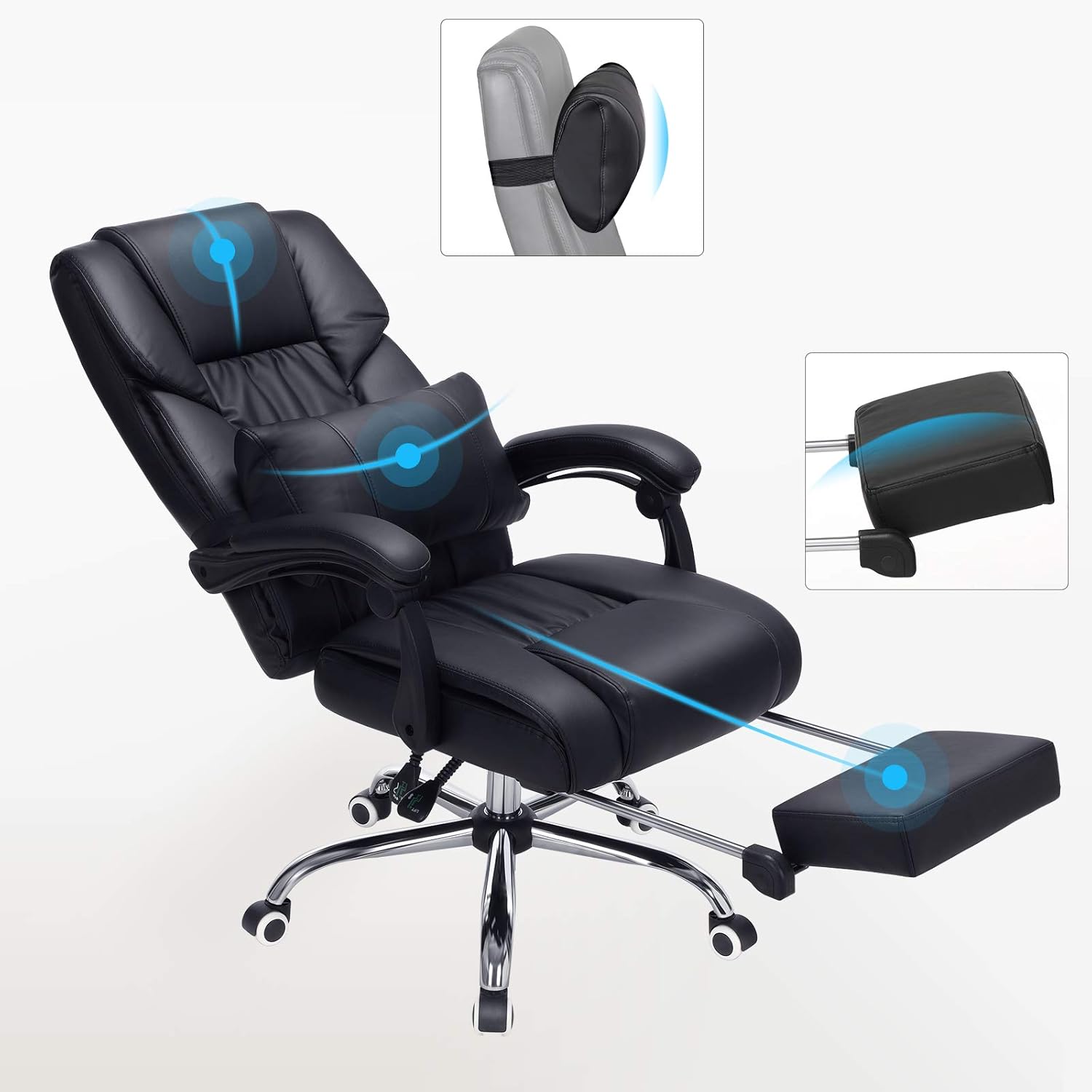 SONGMICS Scaun birou ergonomic, cu suport picioare retractabil, spatar reglabil 135°, maxim 150 kg, 70x70x125 cm, negru