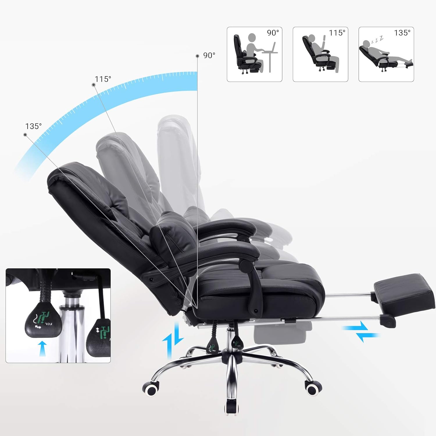 SONGMICS Scaun birou ergonomic, cu suport picioare retractabil, spatar reglabil 135°, maxim 150 kg, 70x70x125 cm, negru