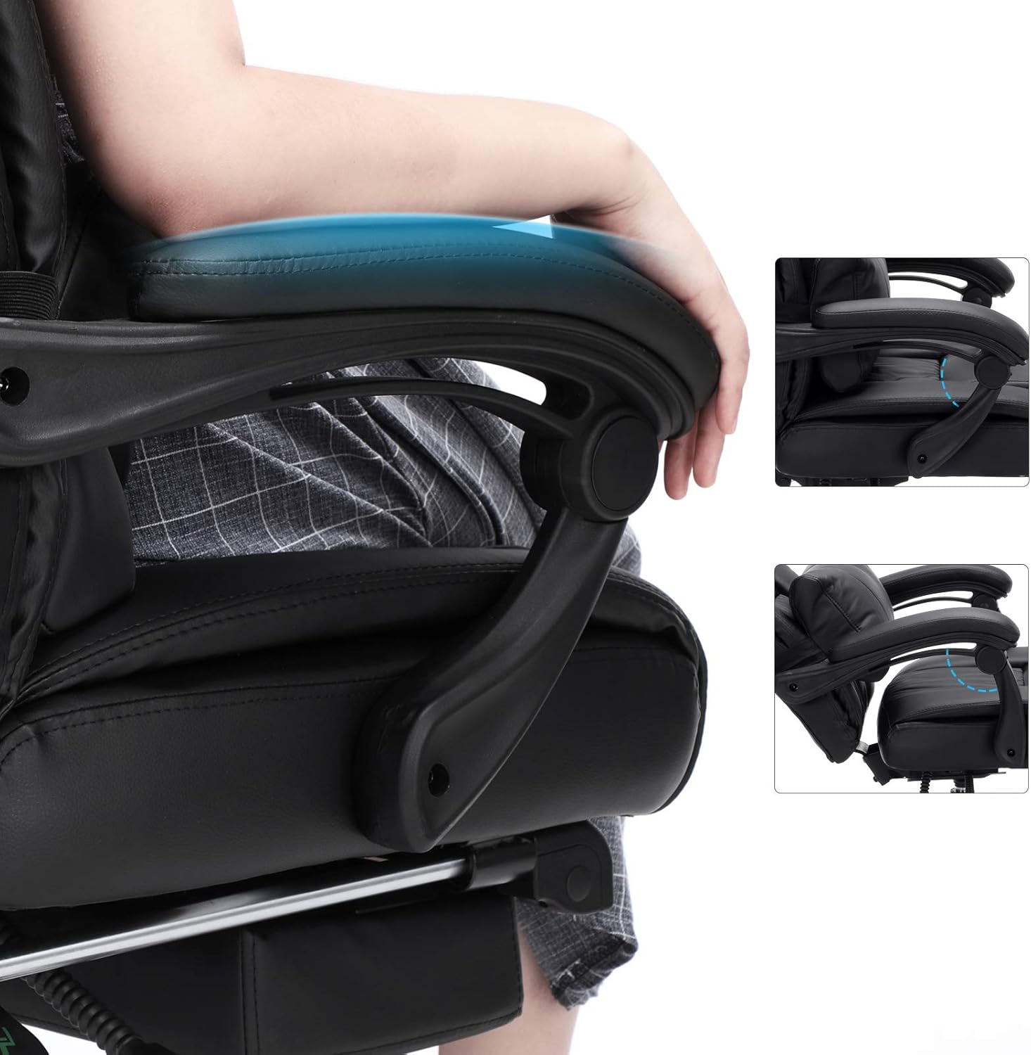 SONGMICS Scaun birou ergonomic, cu suport picioare retractabil, spatar reglabil 135°, maxim 150 kg, 70x70x125 cm, negru