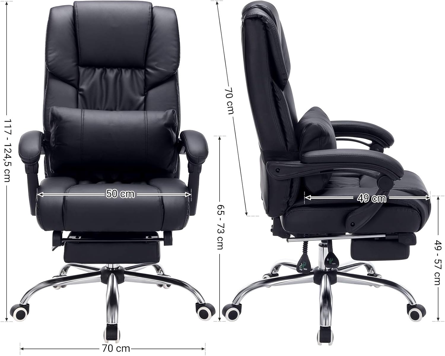 SONGMICS Scaun birou ergonomic, cu suport picioare retractabil, spatar reglabil 135°, maxim 150 kg, 70x70x125 cm, negru