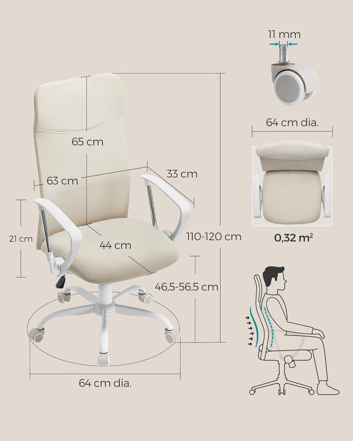 SONGMICS Scaun de birou ergonomic, reglabil pe inaltime, functie balans, maxim 120 kg, 64x64x120 cm, bej