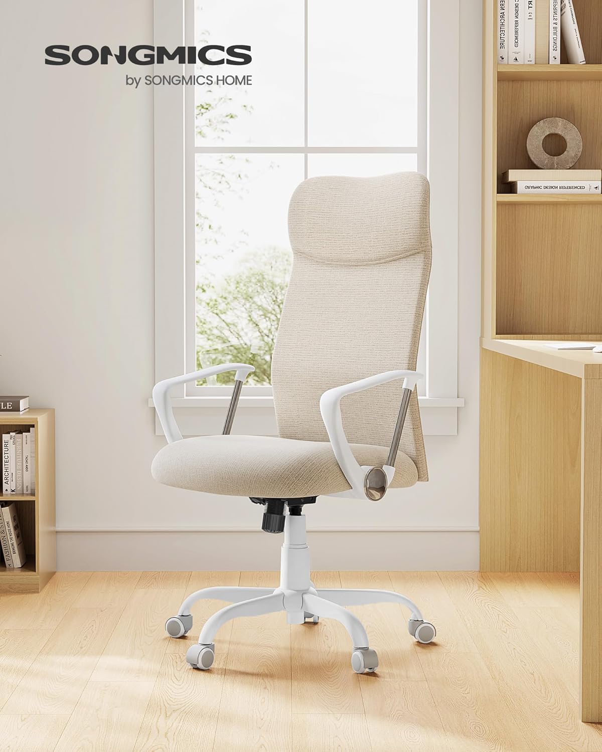 SONGMICS Scaun de birou ergonomic, reglabil pe inaltime, functie balans, maxim 120 kg, 64x64x120 cm, bej