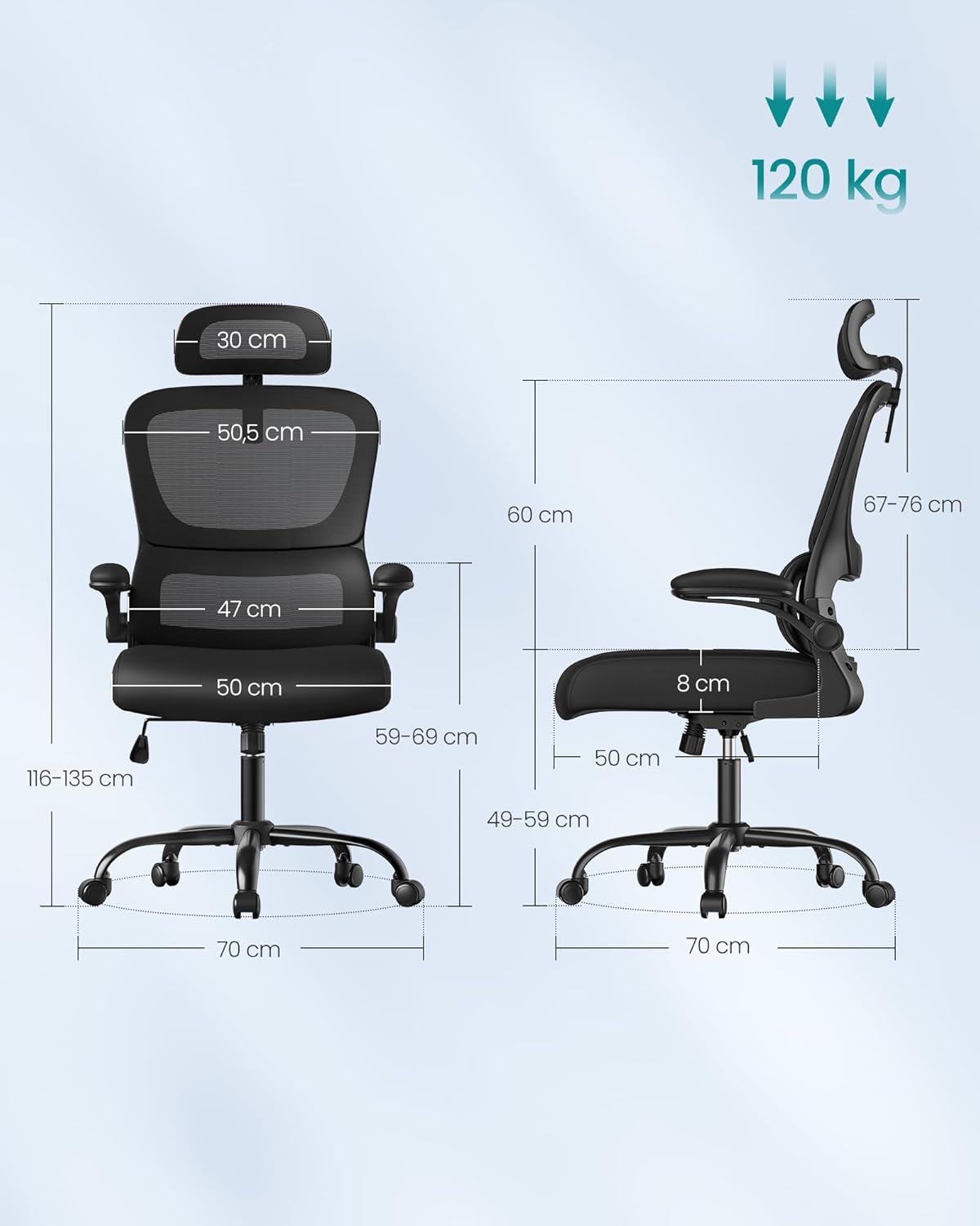 SONGMICS Scaun de birou ergonomic mesh, suport lombar dinamic, tetiera reglabila, brate rabatabile, 70x70x135 cm, negru