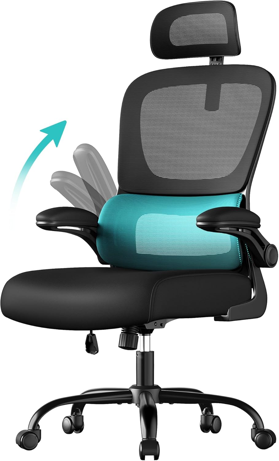 SONGMICS Scaun de birou ergonomic mesh, suport lombar dinamic, tetiera reglabila, brate rabatabile, 70x70x135 cm, negru