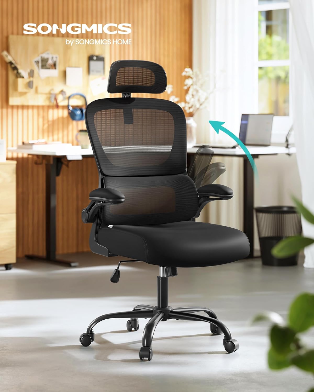 SONGMICS Scaun de birou ergonomic mesh, suport lombar dinamic, tetiera reglabila, brate rabatabile, 70x70x135 cm, negru