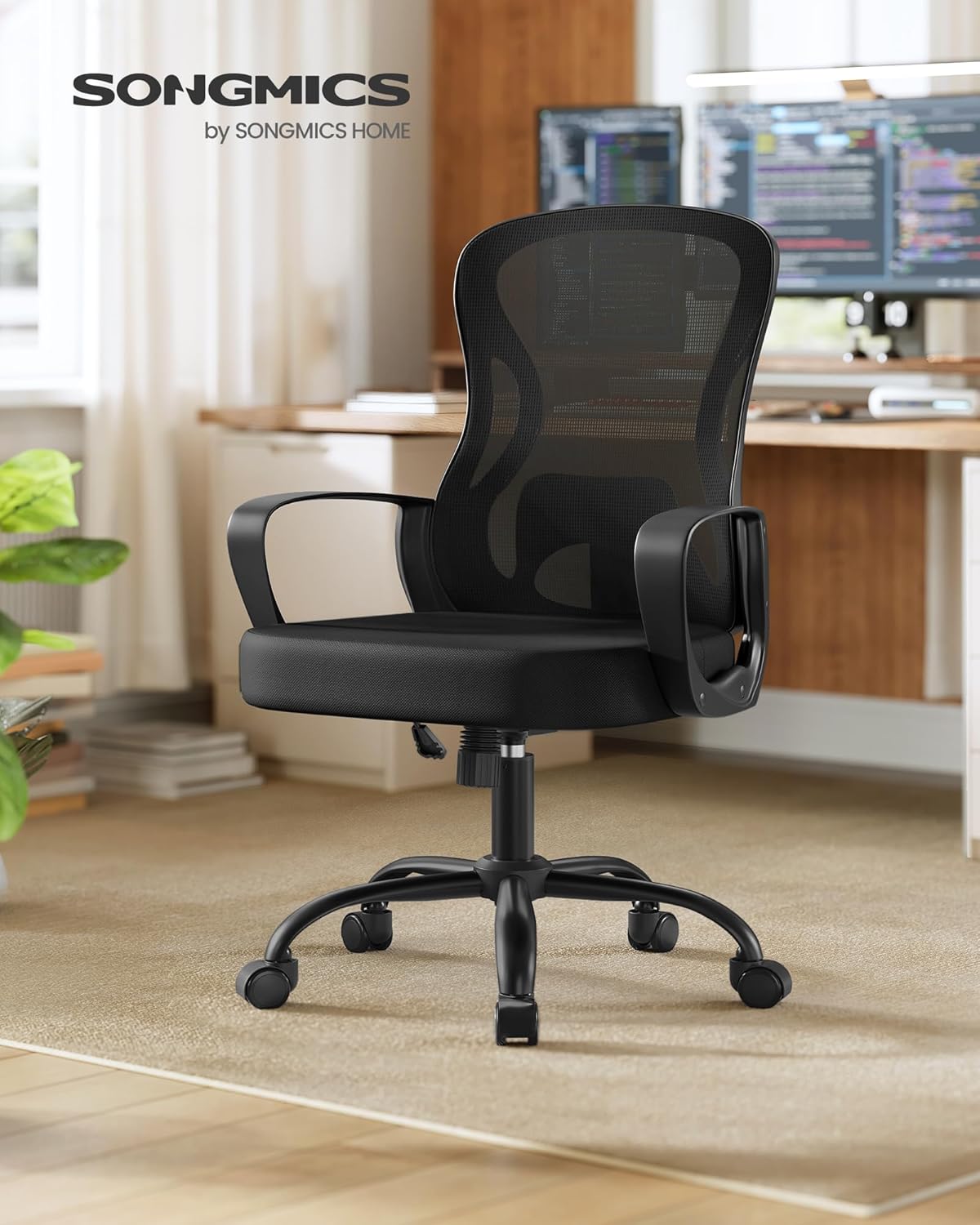 SONGMICS Scaun de birou ergonomic, spatar mesh cu suport lombar, reglabil pe inaltime, baza metalica, 60x60x106 cm, negru