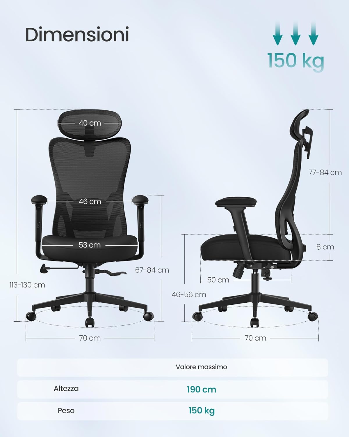 SONGMICS Scaun de birou ergonomic cu tetiera reglabila, suport lombar ajustabil, maxim 150 kg, 70x70x113-130 cm, negru