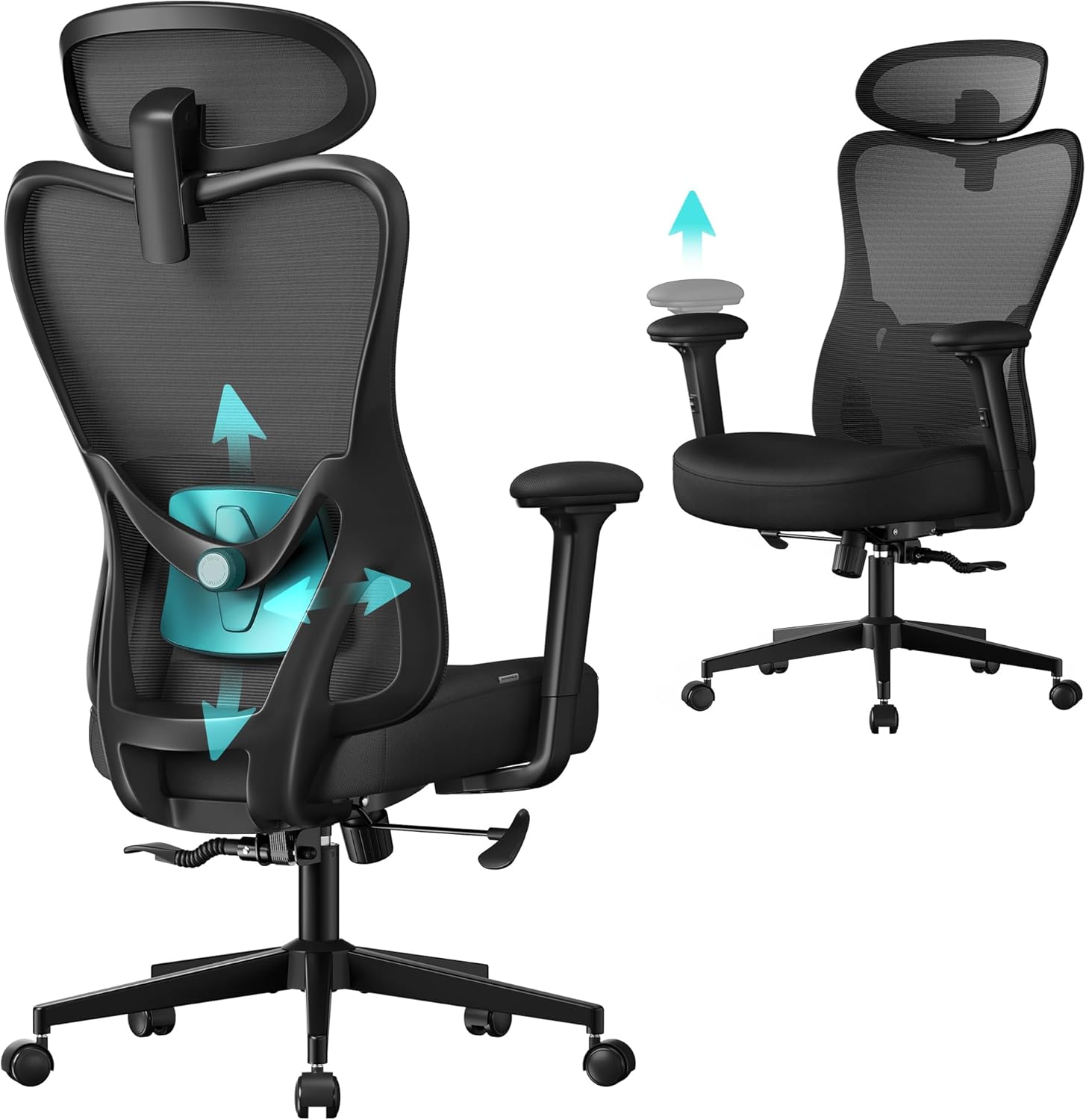 SONGMICS Scaun de birou ergonomic cu tetiera reglabila, suport lombar ajustabil, maxim 150 kg, 70x70x113-130 cm, negru