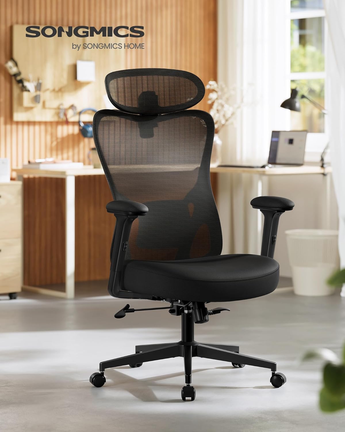 SONGMICS Scaun de birou ergonomic cu tetiera reglabila, suport lombar ajustabil, maxim 150 kg, 70x70x113-130 cm, negru