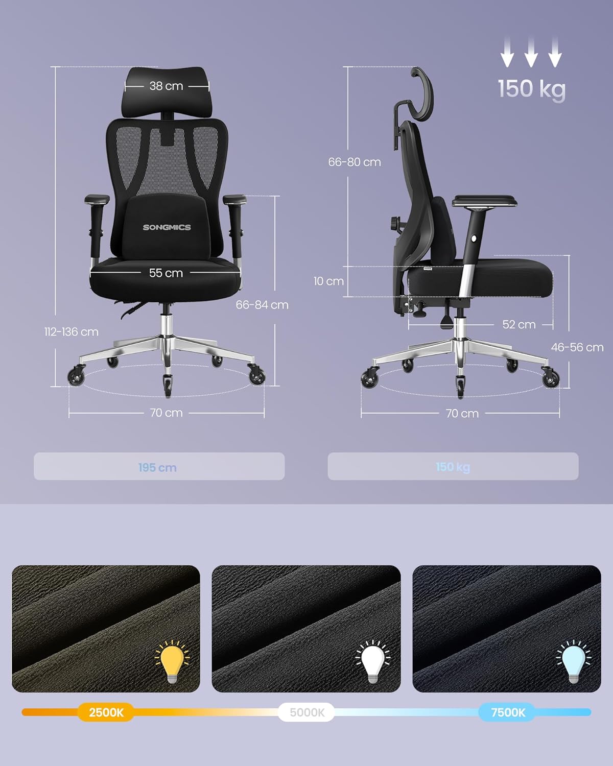 SONGMICS Scaun de birou ergonomic profesional, suport lombar reglabil, tetiera 2D, brate 4D, maxim 150 kg, 70x70x136 cm, negru