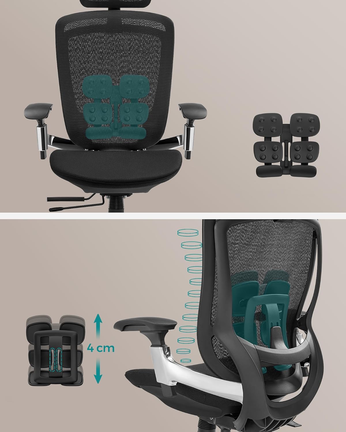 SONGMICS Scaun de birou ergonomic reglabil cu tetiera si suport lombar, inclinare 135°, maxim 150 kg, 70x70x125 cm, negru