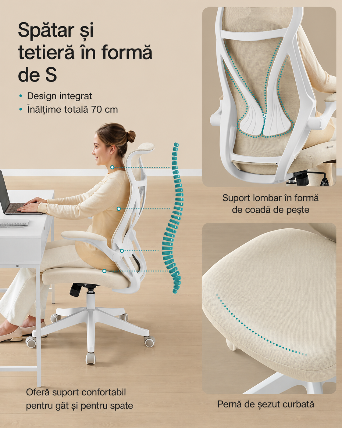 SONGMICS Scaun birou ergonomic cu tetiera, suport lombar, brate rabatabile, maxim 150 kg, 71x71x119 cm, cappuccino bej