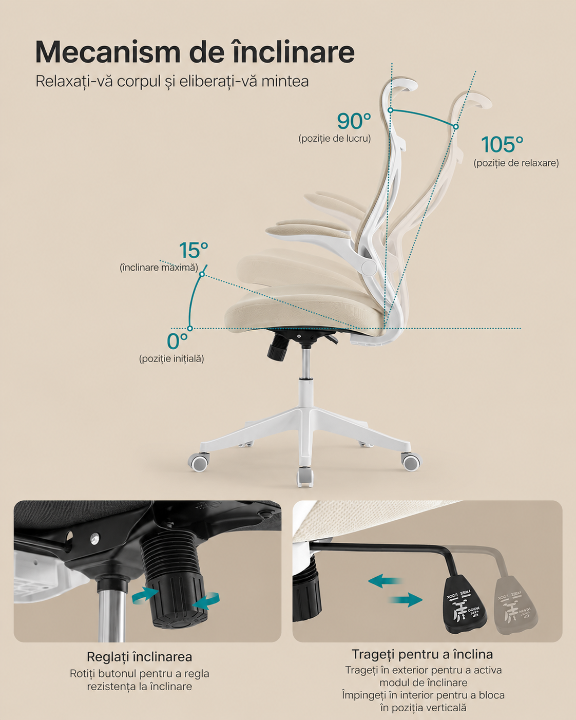 SONGMICS Scaun birou ergonomic cu tetiera, suport lombar, brate rabatabile, maxim 150 kg, 71x71x119 cm, cappuccino bej