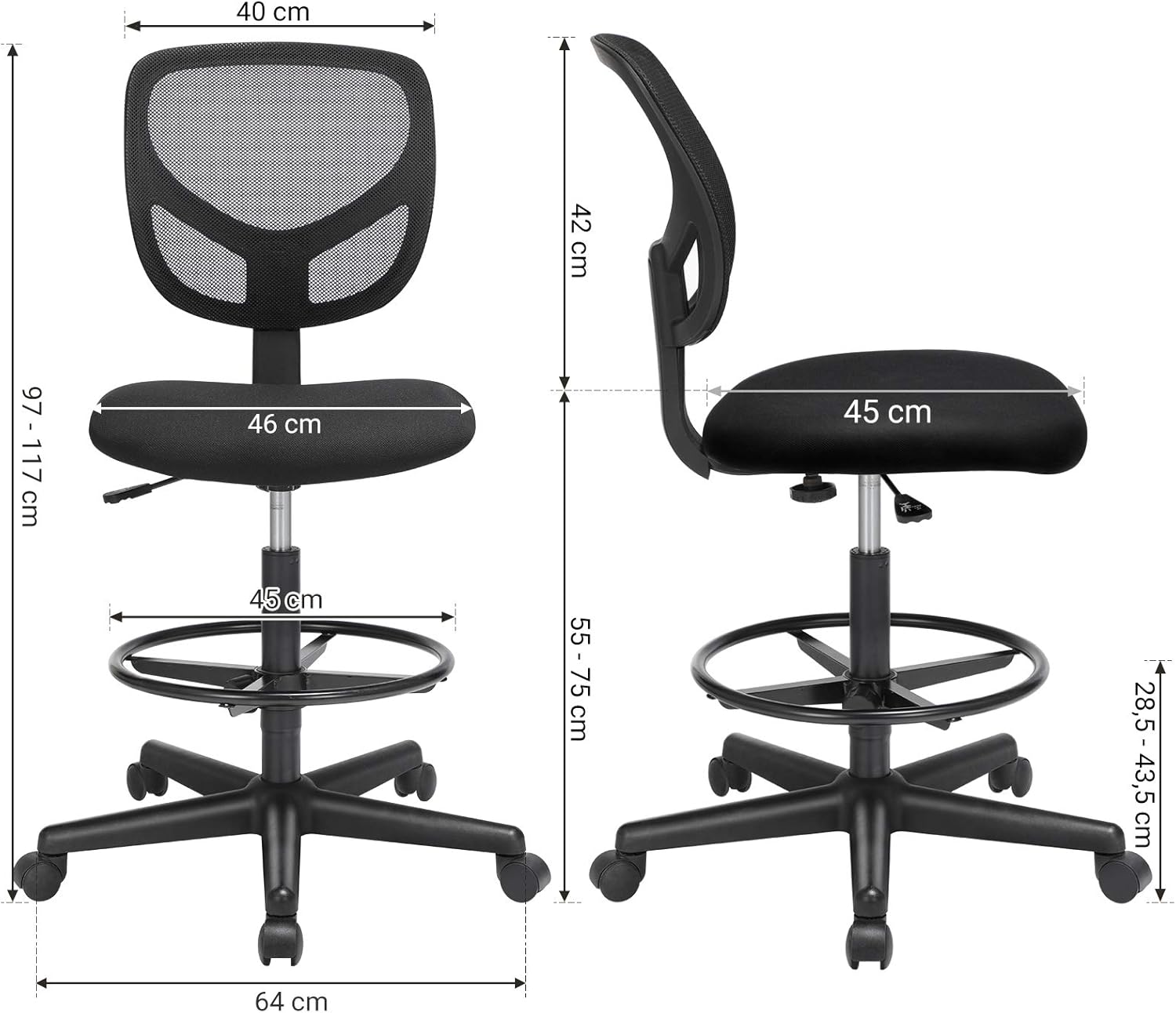SONGMICS Scaun de birou inalt pentru atelier sau studio, fara brate, cu suport picioare, reglabil pe inaltime, 64x64x117 cm, negru