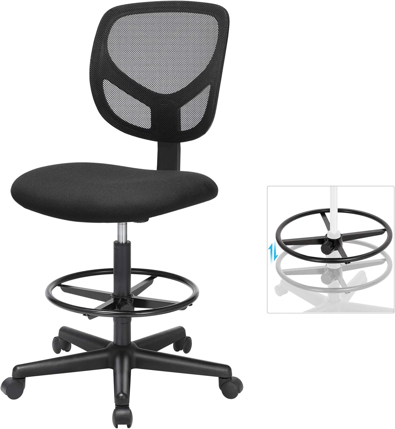 SONGMICS Scaun de birou inalt pentru atelier sau studio, fara brate, cu suport picioare, reglabil pe inaltime, 64x64x117 cm, negru