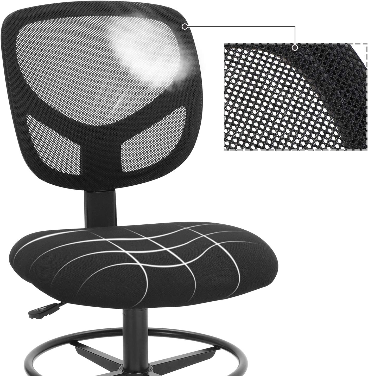 SONGMICS Scaun de birou inalt pentru atelier sau studio, fara brate, cu suport picioare, reglabil pe inaltime, 64x64x117 cm, negru