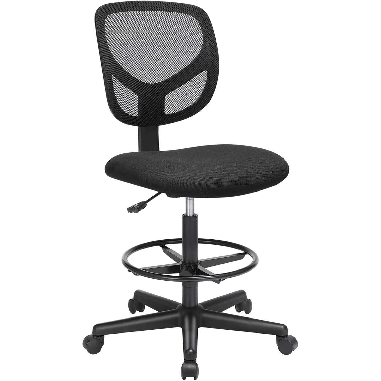 SONGMICS Scaun de birou inalt pentru atelier sau studio, fara brate, cu suport picioare, reglabil pe inaltime, 64x64x117 cm, negru