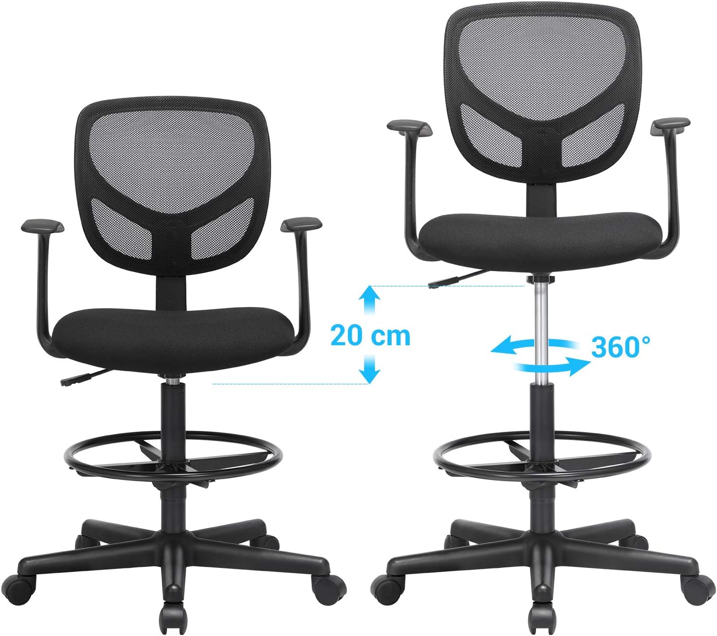 SONGMICS Scaun de birou inalt, rotativ, suport picioare reglabil, ajustare pe inaltime 55-75 cm, 64x64x97 cm, negru