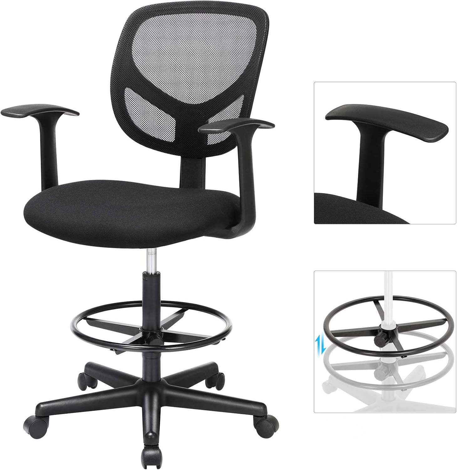 SONGMICS Scaun de birou inalt, rotativ, suport picioare reglabil, ajustare pe inaltime 55-75 cm, 64x64x97 cm, negru
