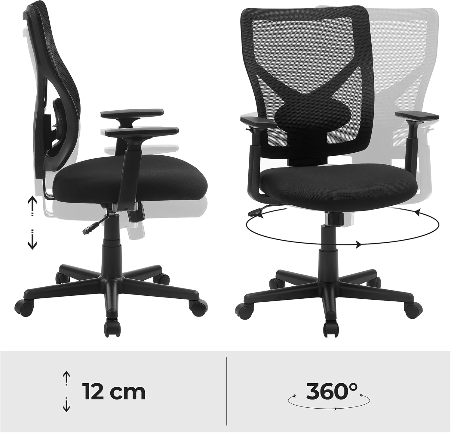 SONGMICS Scaun de birou ergonomic mesh, reglabil complet, brate si suport lombar ajustabile, 68x67x113 cm, negru