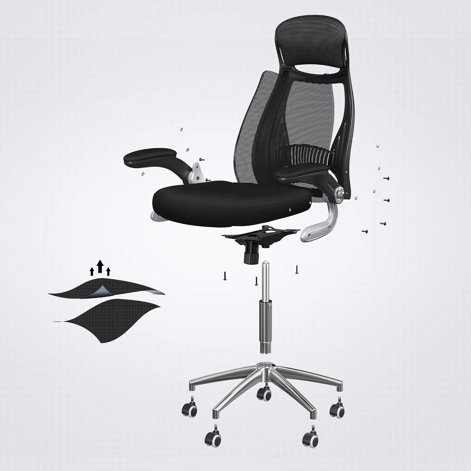 SONGMICS Scaun de birou ergonomic cu tetiera si brate rabatabile, spatar mesh, maxim 120 kg, 68x116-126 cm, negru