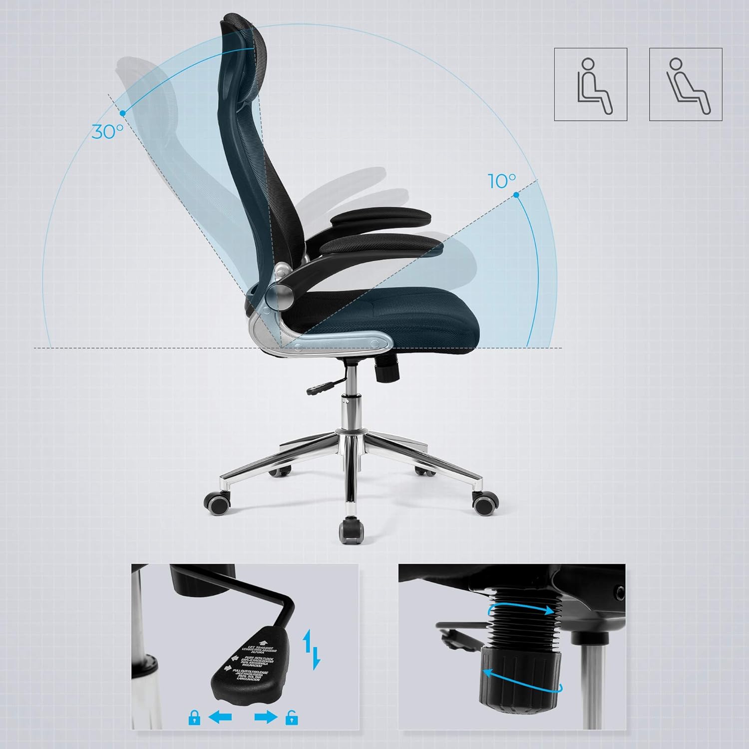 SONGMICS Scaun de birou ergonomic cu tetiera si brate rabatabile, spatar mesh, maxim 120 kg, 68x116-126 cm, negru