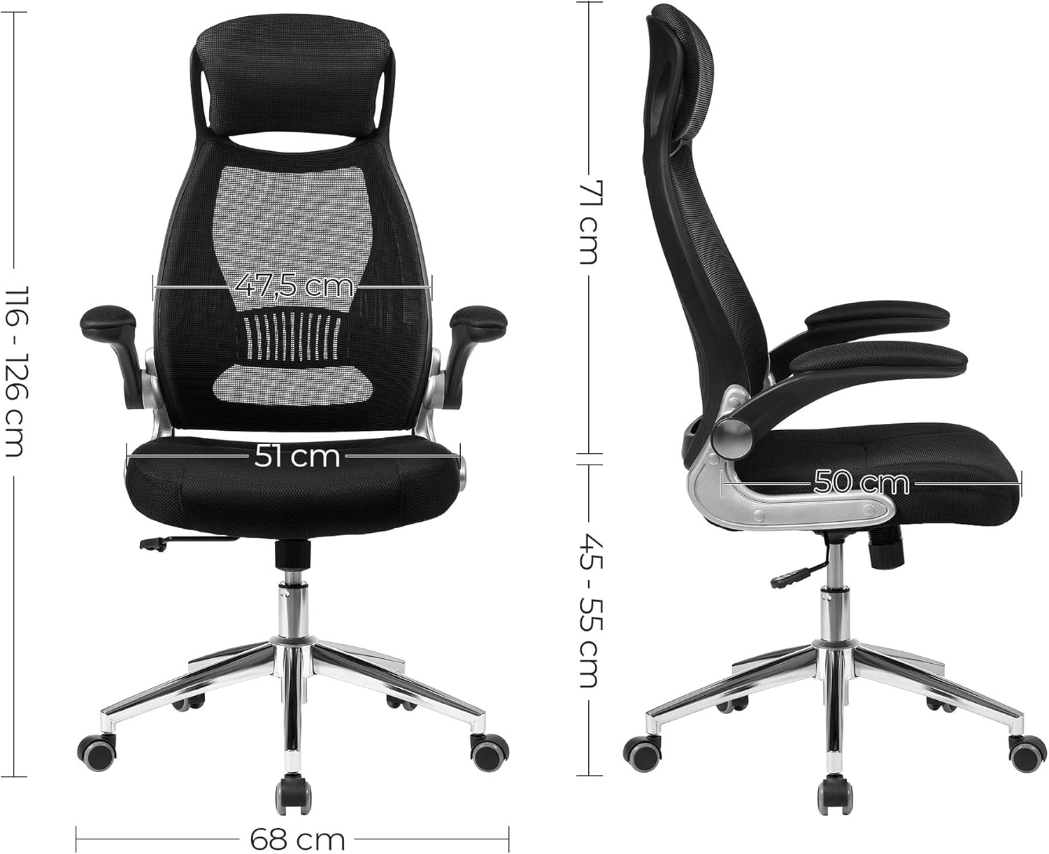 SONGMICS Scaun de birou ergonomic cu tetiera si brate rabatabile, spatar mesh, maxim 120 kg, 68x116-126 cm, negru