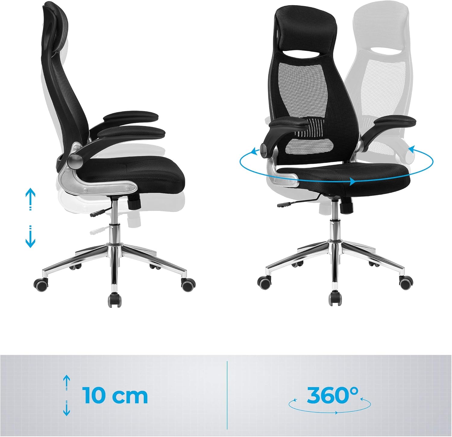 SONGMICS Scaun de birou ergonomic cu tetiera si brate rabatabile, spatar mesh, maxim 120 kg, 68x116-126 cm, negru