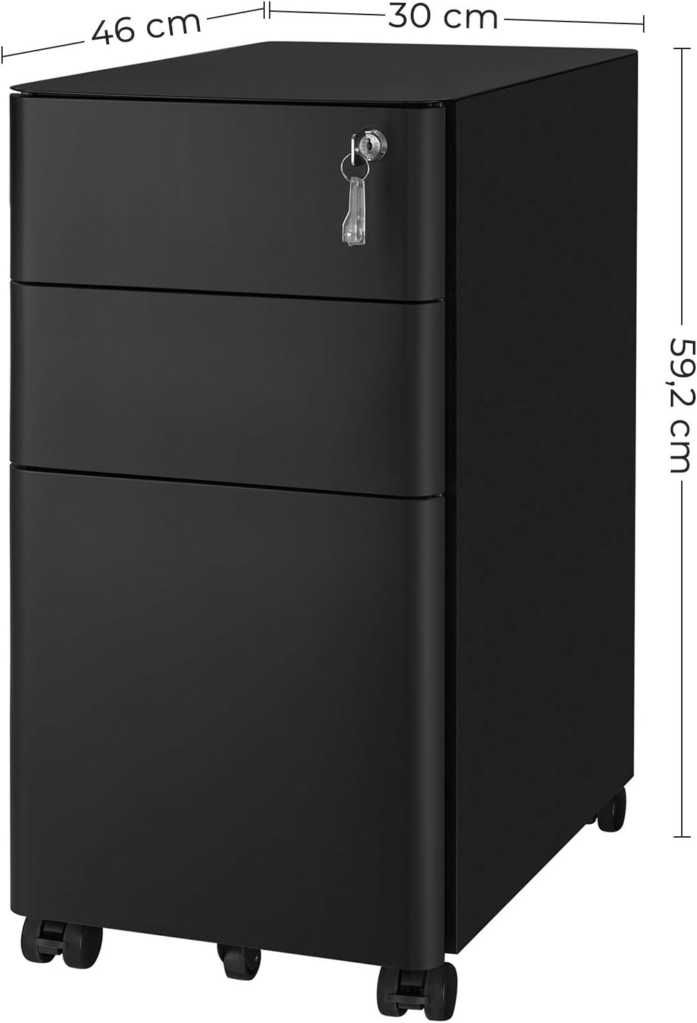 SONGMICS Dulap birou rollbox, cu 3 sertare si roti, corp metalic preasamblat cu incuietoare, pentru documente A4, 46x30x59 cm, negru
