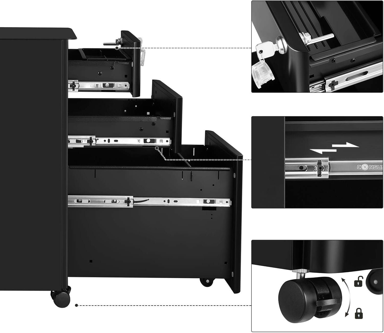 SONGMICS Dulap birou rollbox, cu 3 sertare si roti, corp metalic preasamblat cu incuietoare, pentru documente A4, 46x30x59 cm, negru