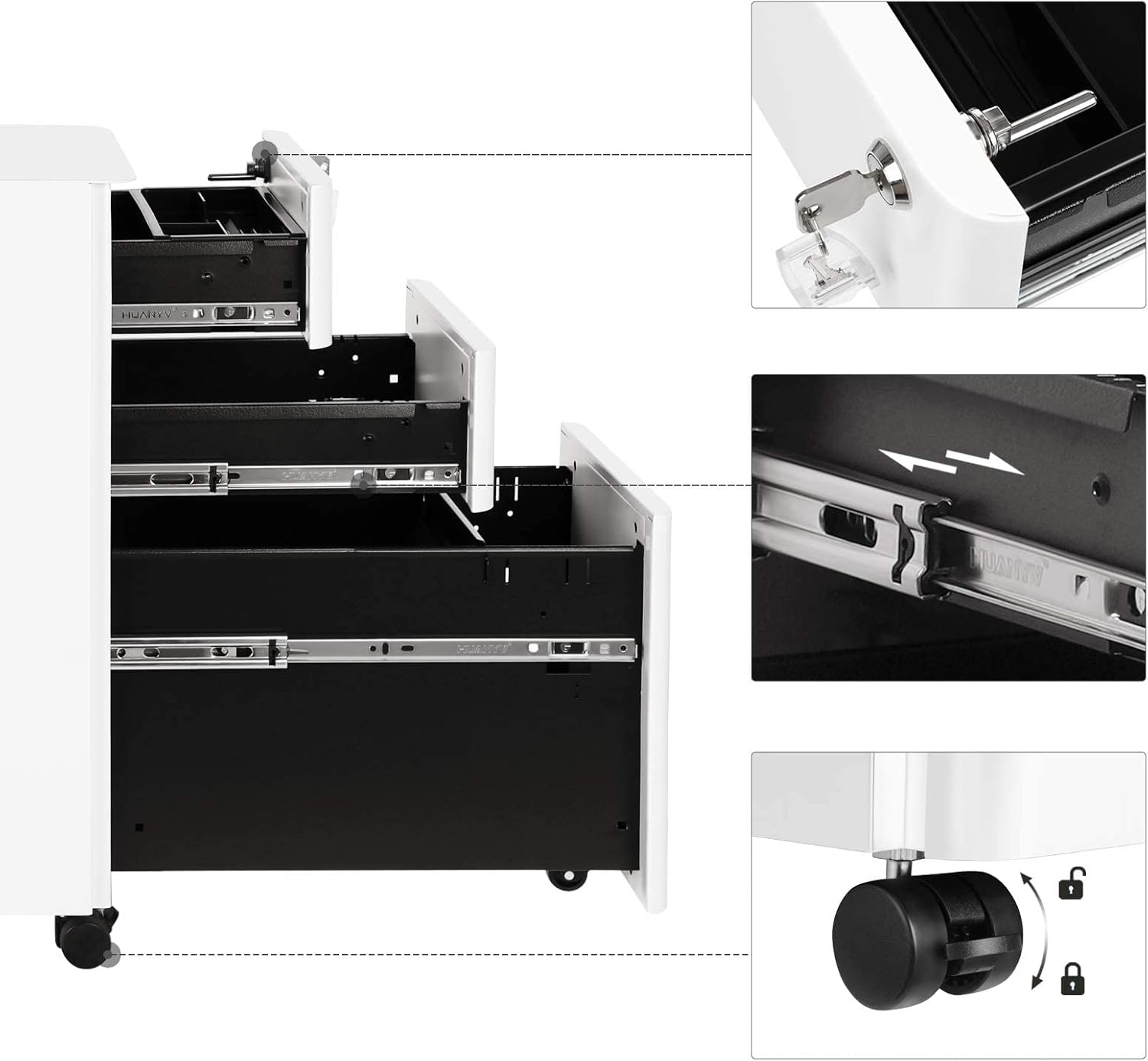 SONGMICS Dulap birou rollbox, cu 3 sertare si roti, corp metalic preasamblat cu incuietoare, pentru documente A4, 46x30x59 cm, alb