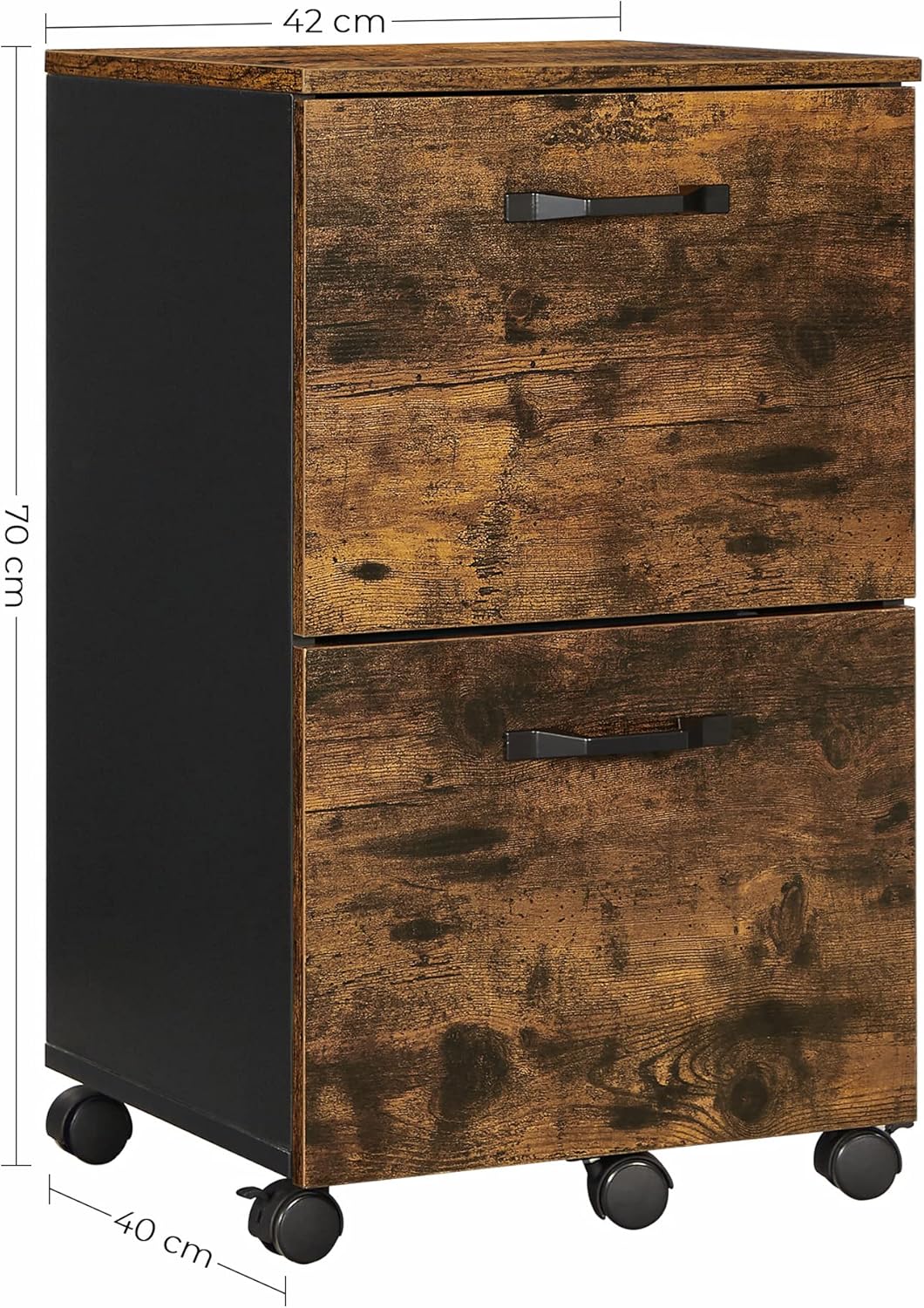 VASAGLE Dulap birou tip rollbox cu 2 sertare pentru documente A4, cu roti, stil industrial, 42x40x70 cm, maro rustic