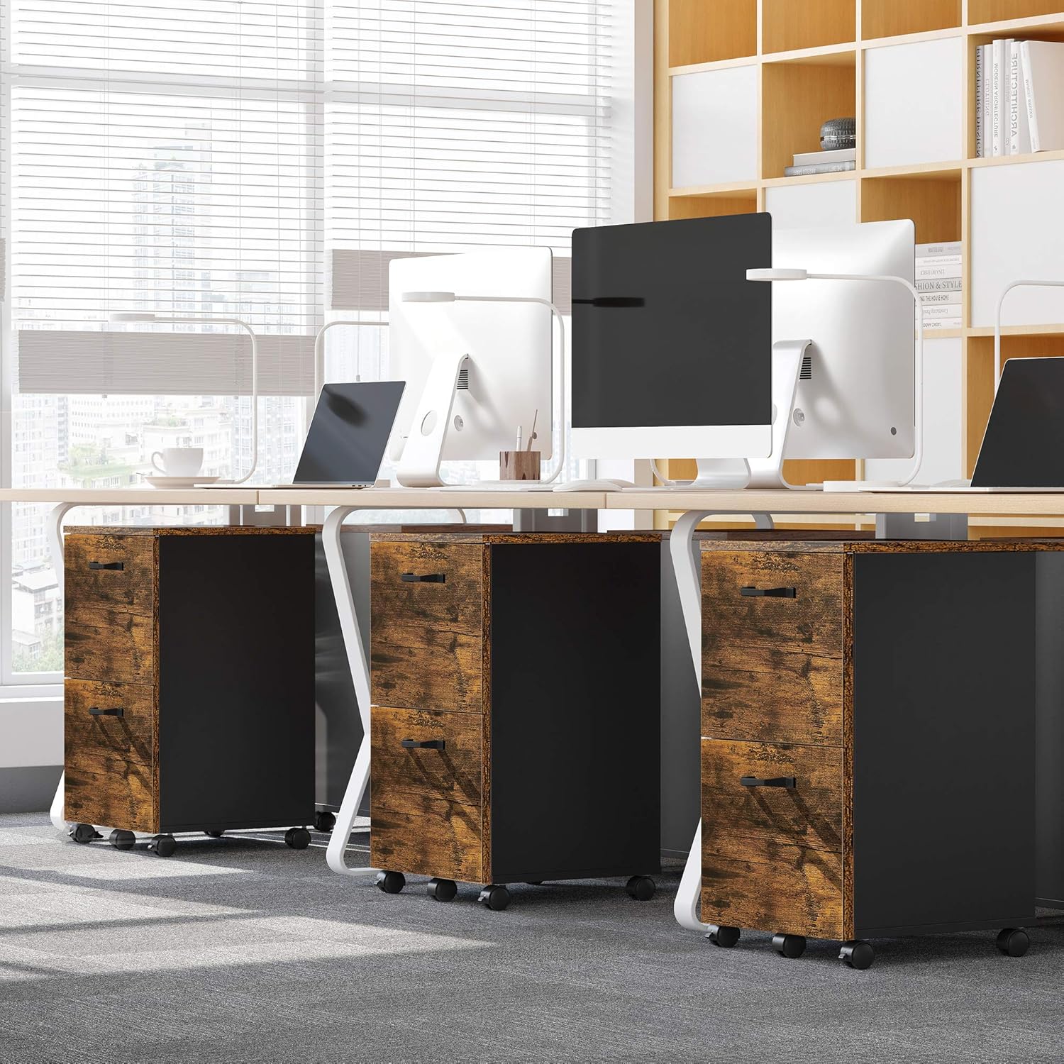 VASAGLE Dulap birou tip rollbox cu 2 sertare pentru documente A4, cu roti, stil industrial, 42x40x70 cm, maro rustic