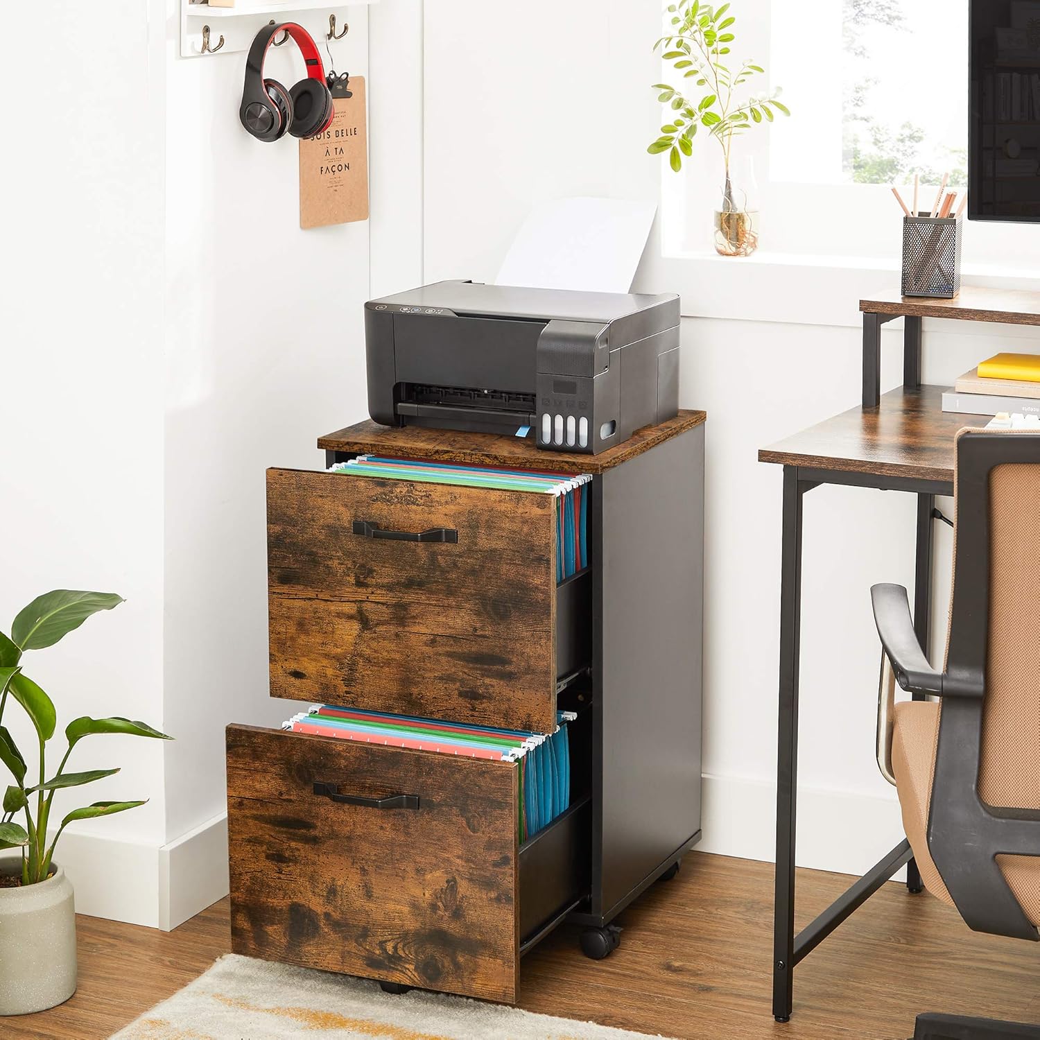 VASAGLE Dulap birou tip rollbox cu 2 sertare pentru documente A4, cu roti, stil industrial, 42x40x70 cm, maro rustic